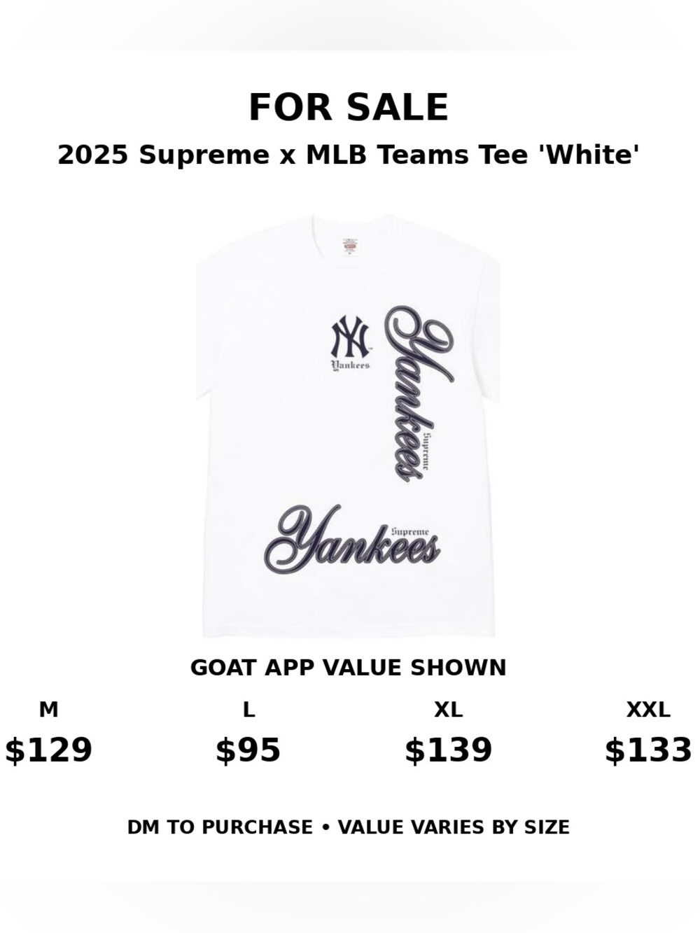Supreme White Yankees Script Short Sleeve Tee